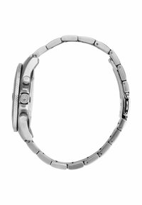Edelstahl-Armbanduhr mit runder Gehäuseform, strukturiertem Lünette und einem Gliederarmband mit polierter Oberfläche und sicherem Verschluss.