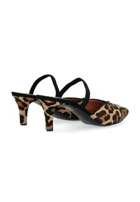 Talons slingbacks en imprimé léopard avec des sangles élastiques noires, un bout pointu et un talon aiguille de 7,5 cm. Dessus en tissu texturé doux.