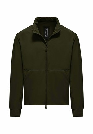 Donkergroene jas met rits, opstaande kraag, geribde manchetten en zakken aan de voorkant, weergegeven tegen een effen witte achtergrond.