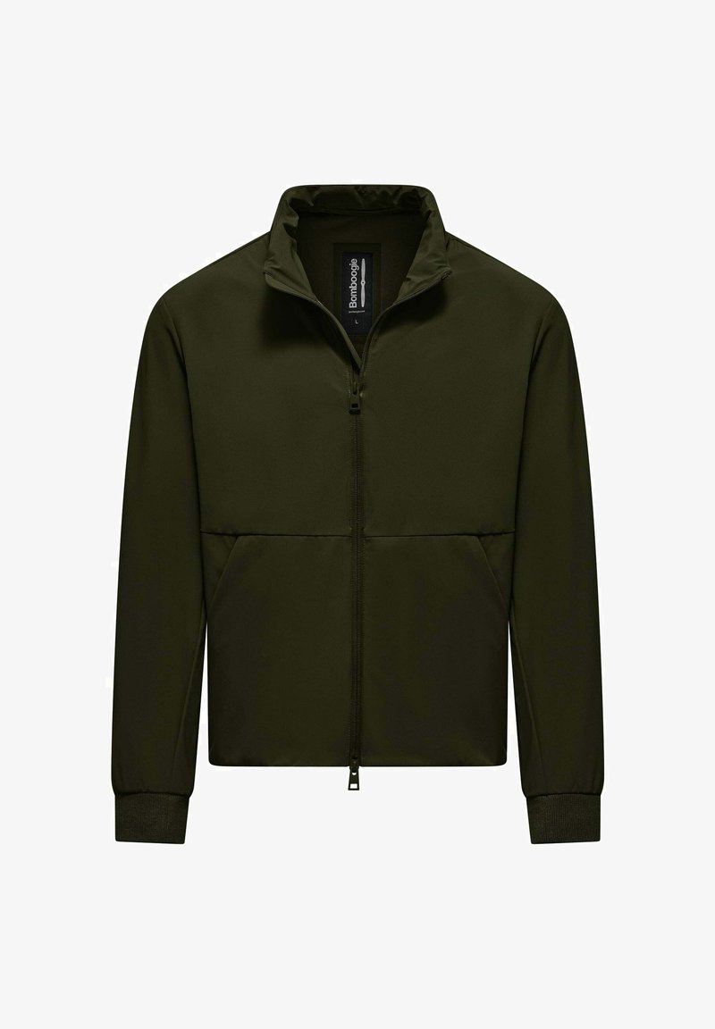 Donkergroene jas met rits, opstaande kraag, geribde manchetten en zakken aan de voorkant, weergegeven tegen een effen witte achtergrond.