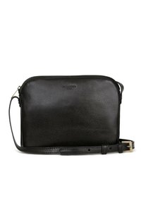 Borsa crossbody in pelle nera con finitura testurizzata, chiusura con zip, tracolla regolabile e logo discreto sul frontale.