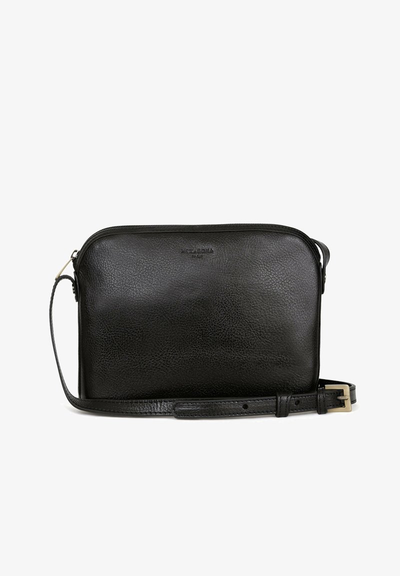Borsa crossbody in pelle nera con finitura testurizzata, chiusura con zip, tracolla regolabile e logo discreto sul frontale.