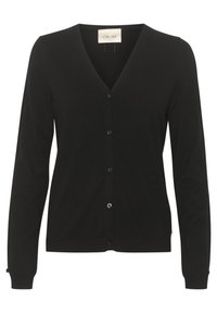 Cardigan negro de punto con escote en V, mangas largas y cinco botones en la parte delantera. Presenta puños y dobladillo acanalados, fabricado en un material textil suave.