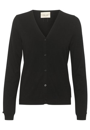 Fekete kötött kardigán V-nyakkal, hosszú ujjal és öt elülső gombbal. Bordás mandzsettákkal és szegéllyel készült, puha textilből.