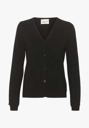 Fekete kötött kardigán V-nyakkal, hosszú ujjal és öt elülső gombbal. Bordás mandzsettákkal és szegéllyel készült, puha textilből.