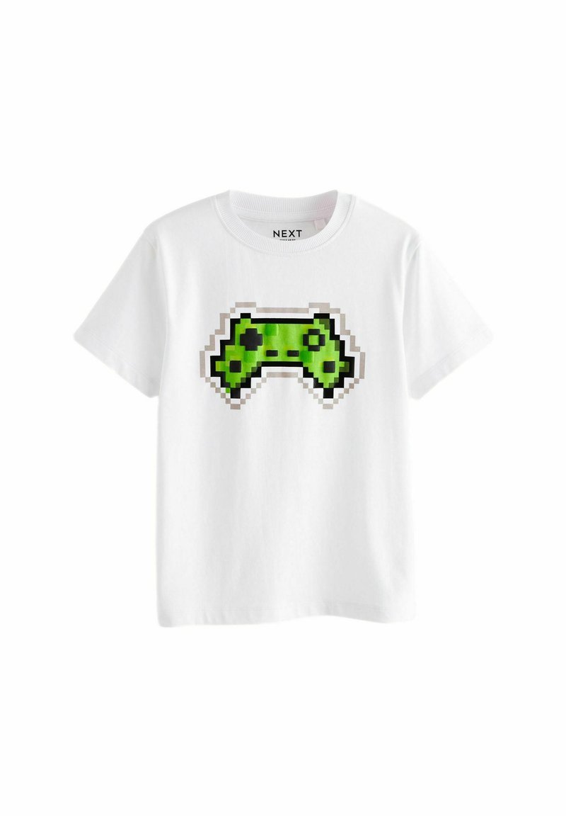 White cotton T-shirt featuring a pixelated green gaming controller graphic at the center. Short sleeves and round neckline.