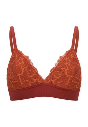 Rustfarvet blondetop med blomsterprint, tynde justerbare stropper og en bred elastik under brystet.