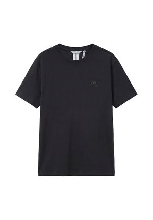 Zwart T-shirt met korte mouwen en ronde hals, met een klein subtiel logo op de linkerborst, gemaakt van gladde stof, maat medium.