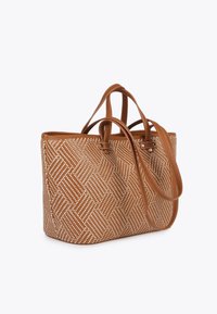 Tote bag made of woven tan leather with a diamond pattern, features two sturdy handles and a structured design.