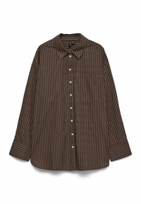 Brązowa koszula z długim rękawem w białe pionowe paski, z kołnierzykiem, zapinana na guziki, z pojedynczą kieszenią na piersi i prostym dołem. Wykonana z miękkiej tkaniny.