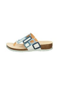 Flip-Flops mit mehrfarbigen rechteckigen Akzenten in Blau und Weiß, Korkfußbett und einer leichten Gummisohle. Obermaterial aus glattem Leder.