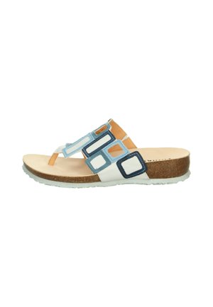 Thong sandals with multicolored rectangular accents in blue and white, cork footbed, and a light rubber sole. Smooth leather upper.