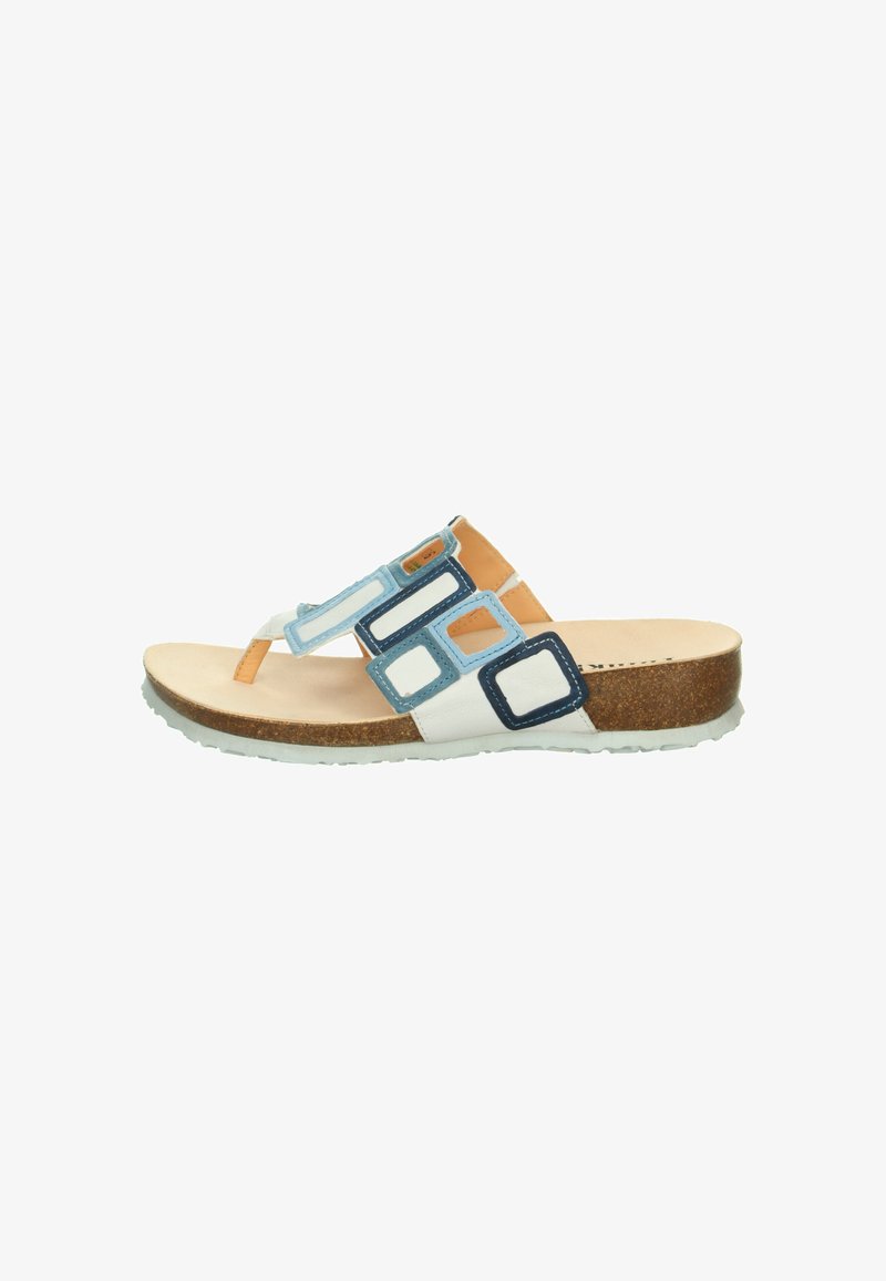Flip-Flops mit mehrfarbigen rechteckigen Akzenten in Blau und Weiß, Korkfußbett und einer leichten Gummisohle. Obermaterial aus glattem Leder.