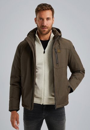 Brown hooded jacket with a zippered front, featuring a texture that resembles woven fabric. Includes a zippered chest pocket and contrasting inner lining.