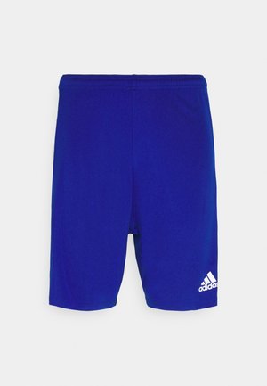 Blaue Sportshorts aus leichtem Material, mit einem elastischen Bund und einem weißen Adidas-Logo auf der unteren rechten Seite.