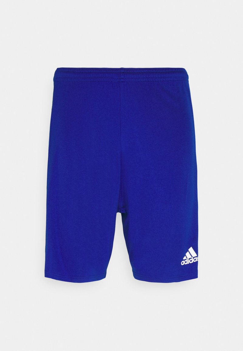 Zili sporta šorti no viegla auduma, ar elastīgu jostu un balto Adidas logo labajā apakšējā stūrī.