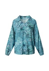  Lichtblauwe bloes met lange mouwen, V-hals en elastische manchetten. Heeft een gedetailleerd groen en blauw bloemenpatroon.