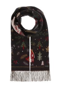 Écharpe noire avec extrémités à franges et motifs festifs comprenant des sapins de Noël, une maison rouge, des baies, des feuilles et des flocons de neige.