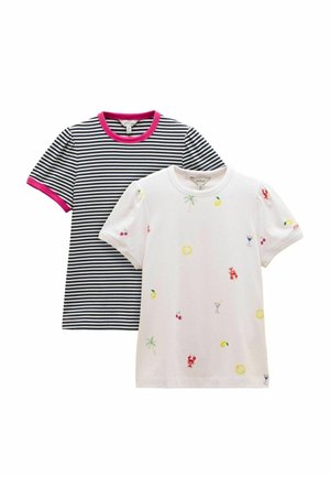 Two short-sleeve children's t-shirts: one navy and white striped with pink trim, the other white with colorful summer-themed prints.