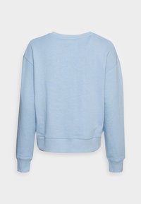 Light blue sweatshirt with a cropped design, ribbed hem and cuffs, and a smooth texture. Features a round neckline and dropped shoulders.