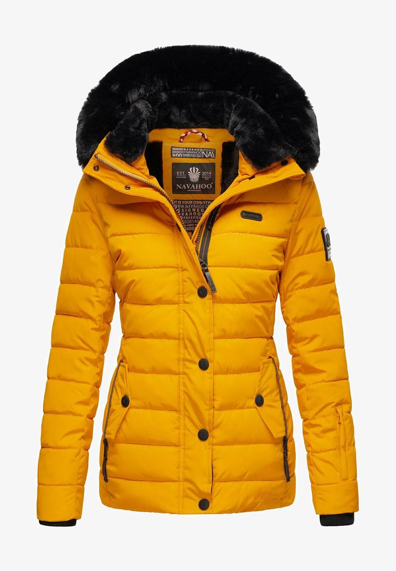 Yellow puffer jacket with a black faux fur hood. It features stitched panels, black buttons, side zip pockets, and a branded label inside.