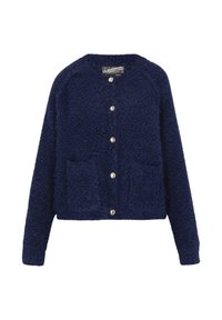 Navy blue textured cardigan with long sleeves, round neckline, front buttons, and two front pockets.