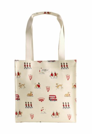 Leinwand-Tragetasche mit cremefarbenem Hintergrund, verziert mit bunten Motiven von Hunden, Wächtern und einem Bus. Robuster Stoff und flache Träger.