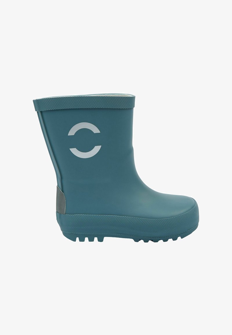 Botte de pluie en caoutchouc bleu sarcelle avec semelle texturée et bord-côte, avec un logo circulaire réfléchissant sur le côté extérieur.