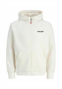 Bela zip-up kapuca z teksturirano kapuco in rokavi. Ima majhen črn logotip in dva sprednja žepa. Gladko blago z rebrastimi detajli.