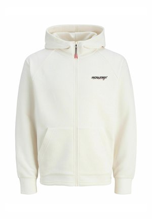 Sudadera blanca con cremallera y capucha y mangas texturizadas. Presenta un pequeño logo negro y dos bolsillos delanteros. Tejido suave con detalles acanalados.