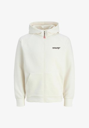 Witte rits hoodie met een textuur capuchon en mouwen. Heeft een klein zwart logo en twee voorkonten. Gladde stof met geribbelde accenten.