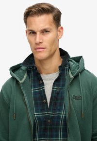 Sudadera verde con cremallera y cordón, superpuesta sobre una camisa de franela a cuadros en tonos azules y verdes, con botones marrones y una camiseta gris.