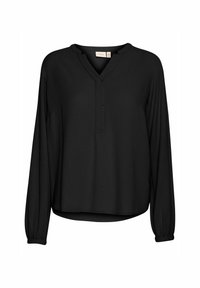 Blusa nera a maniche lunghe con scollatura a V, caratterizzata da un tessuto testurizzato, vestibilità ampia e polsini elastici. Dettaglio con bottoni a chiusura sul colletto.