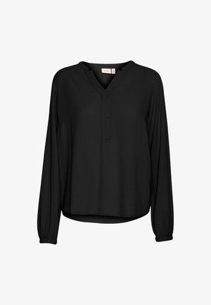 Sort langærmet bluse med V-hals, lavet af tekstureret stof, løs pasform og elastiske manchetter. Knaplukning ved halsudskæringen.