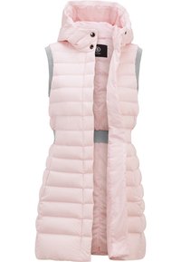Kamizelka pikowana w jasnoróżowym kolorze z odpinanym kapturem, szarymi bocznymi panelami, zatrzaskami oraz pionowym pikowaniem. Podszewka jest gładka.