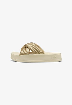 Gold synthetic slide sandal with a cross-strap design, featuring a textured finish on the straps and a cream-colored, textured sole.