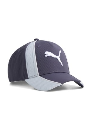 Ciemnoszara i jasnoszara czapka baseballowa z zakrzywionym daszkiem i białym logo Puma na przednim panelu.