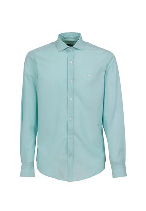 Lichtblauw overhemd met lange mouwen van een gladde stof, met een button-down kraag en een klein wit logo op de linkertepel.