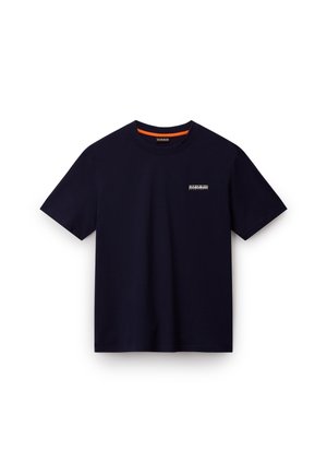 Marineblaue Baumwoll-T-Shirts mit Rundhalsausschnitt, kurzen Ärmeln und einem kleinen weißen Logo auf der linken Brust. Mit einem kontrastierenden orangefarbenen Innenkragen.