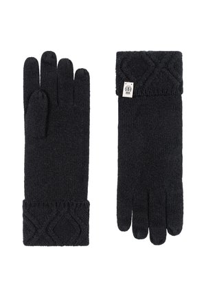 Pair of black knitted gloves with textured cuffs, one glove showing front and the other showing back with a small fabric tag.