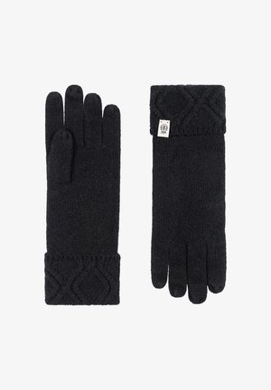 Pair of black knitted gloves with textured cuffs, one glove showing front and the other showing back with a small fabric tag.