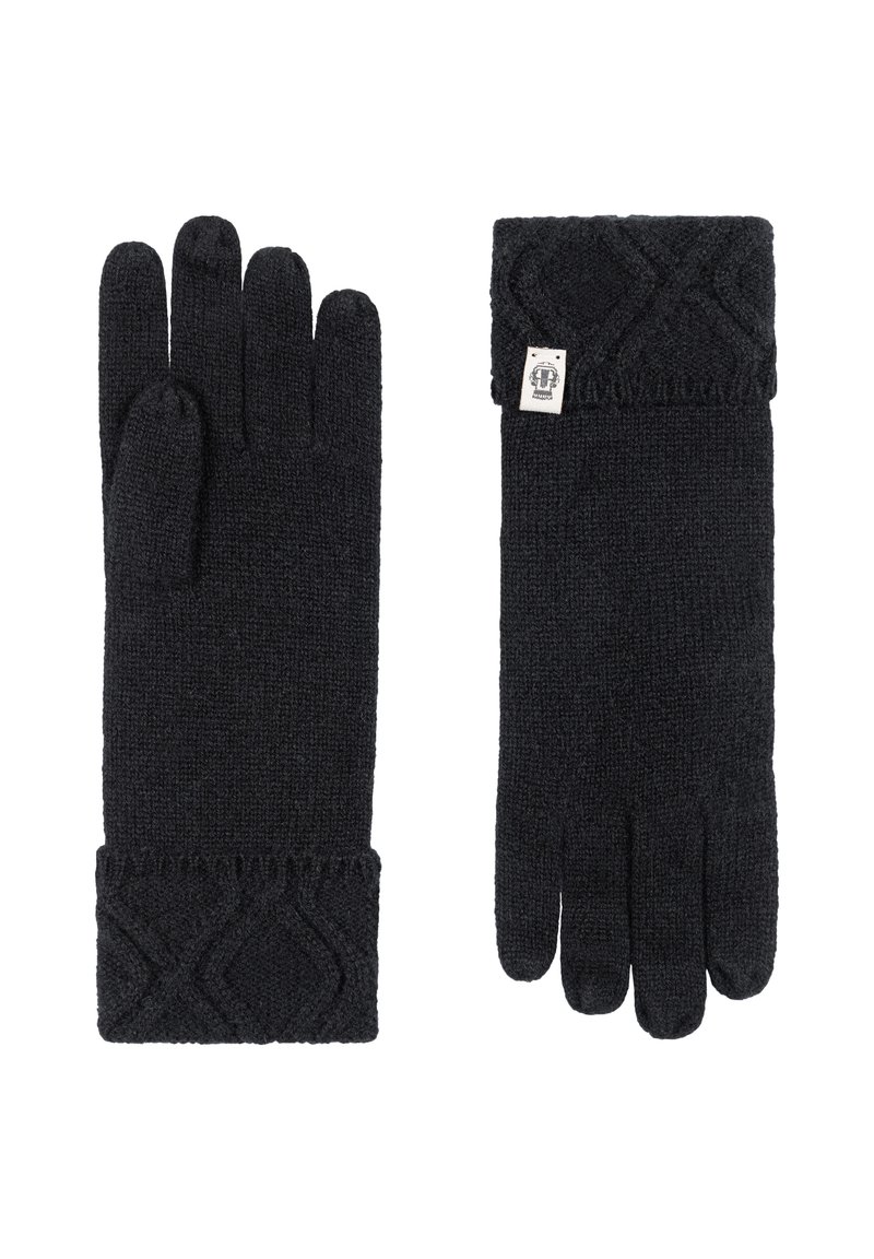 Ein Paar schwarze gestrickte Handschuhe mit strukturierten Bündchen, ein Handschuh zeigt die Vorderseite und der andere die Rückseite mit einem kleinen Stoffetikett.