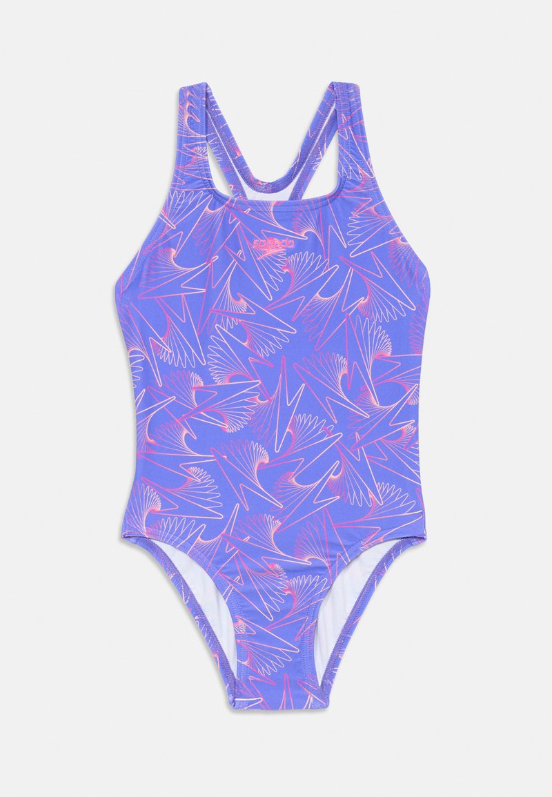 Bañador de una pieza morado con un patrón de formas abstractas en rosa y blanco. Presenta tirantes traseros finos en forma de X y un diseño de pierna alta.