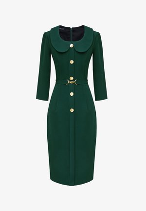 Zielona dopasowana sukienka z rękawami 3/4, dużym kołnierzem, zapięciem na guziki z przodu i dopasowanym paskiem. Złote guziki kontrastują z designem.