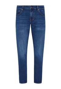 Mörkblå denimjeans med rak benform, med framfickor, dragkedja och subtila blekningar för textur.