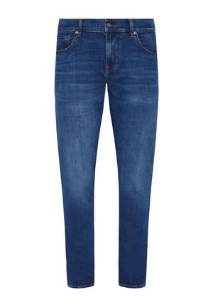 Donkerblauwe denimjeans met een rechte pijp, voorzien van steekzakken, een ritsluiting en subtiele vervaging voor textuur.
