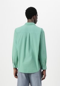 Grünes Hemd mit langen Ärmeln, Button-Down-Kragen, Rückenschlitz und Knopfmanschetten, aus leichtem Stoff, von hinten gezeigt.