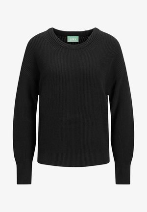 Svart strikket genser med rund hals, droppede skuldrer og ribbestrikkede ermer. Har et strukturert mønster over hele stoffet.