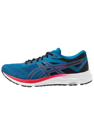 Blue running shoe with a breathable mesh upper, black accents, red midsole, and textured sole. Features a lace-up design and lightweight construction.
