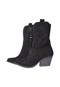 Stivaletti in suede neri con punta affilata, cuciture dettagliate e zip laterale. Presentano un tacco impilato e suole testurizzate.